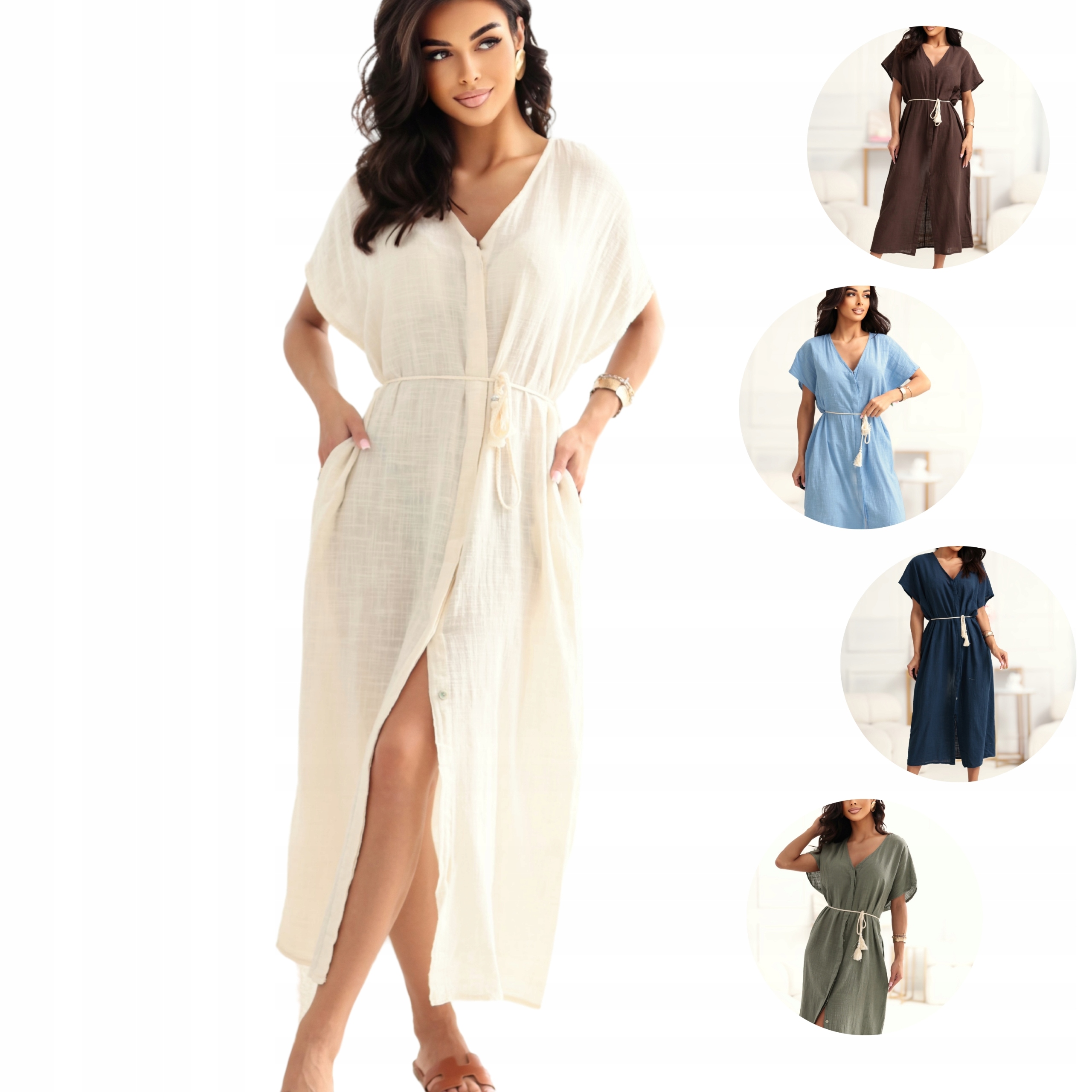 Šaty letní volná midi bavlněná s rozepínacím plážovým přehozem ecru XL