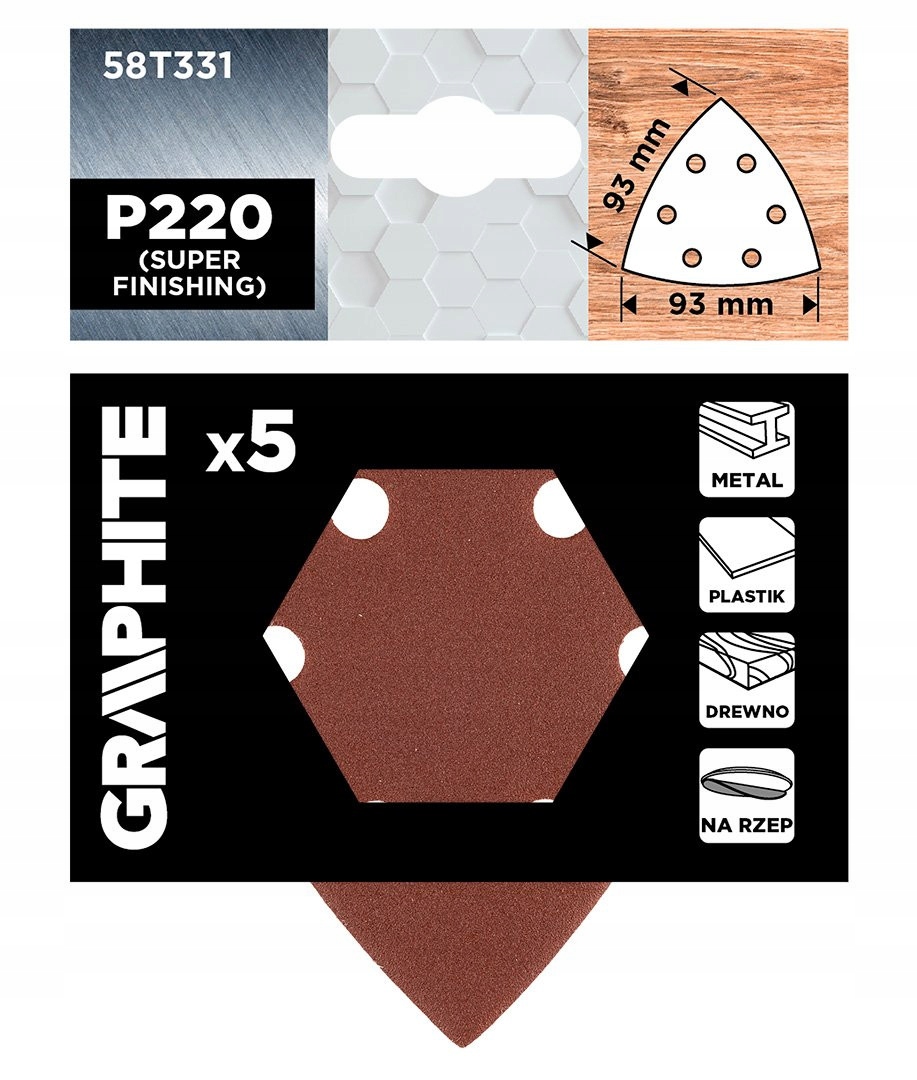 Papier ścierny z otworami na rzep delta 93x93mm P220 5szt. Graphite