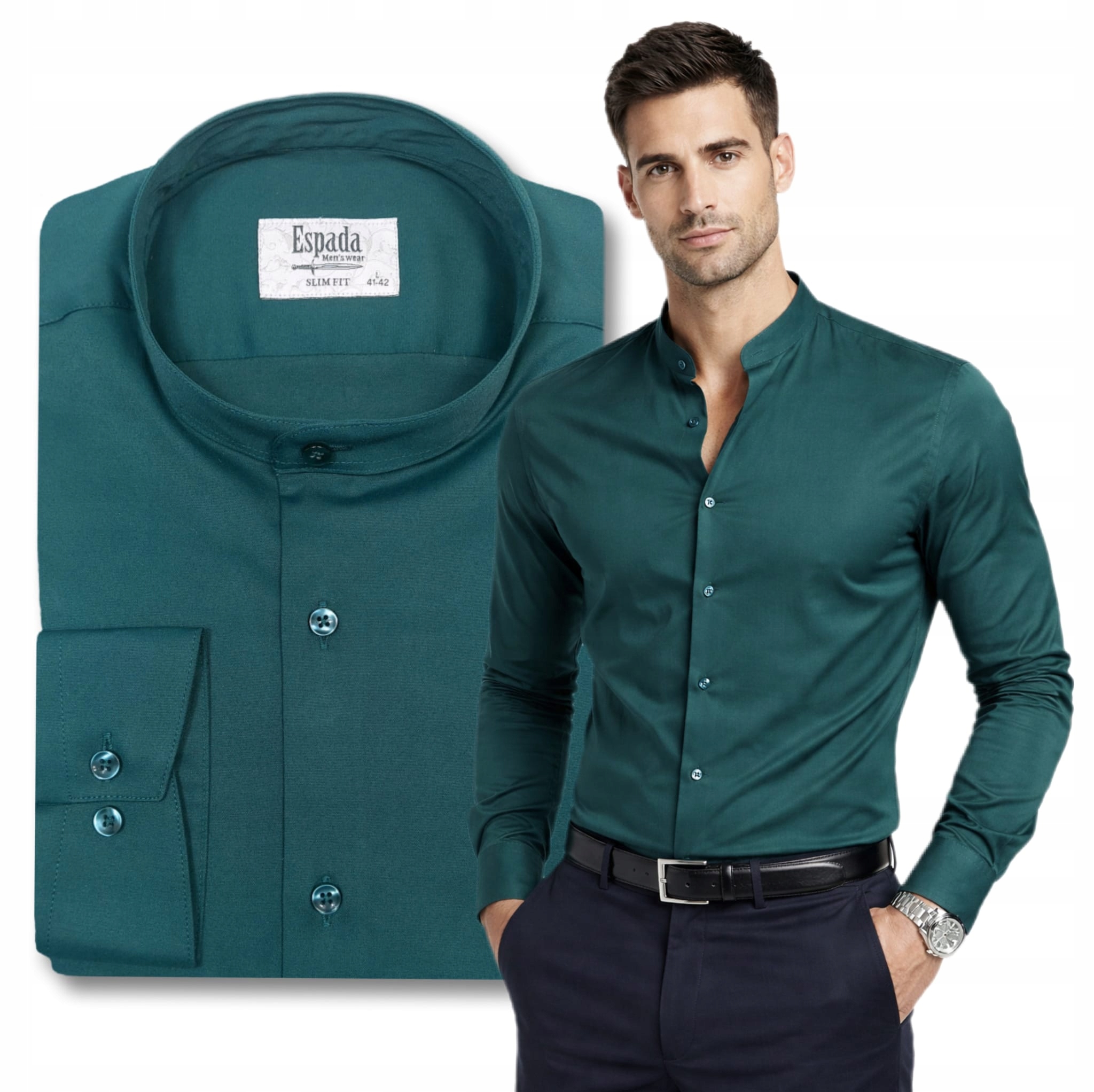 Pánská košile se stojáčkem Zelená Bavlněná Návštěvnická Elegantní Slim vel. S