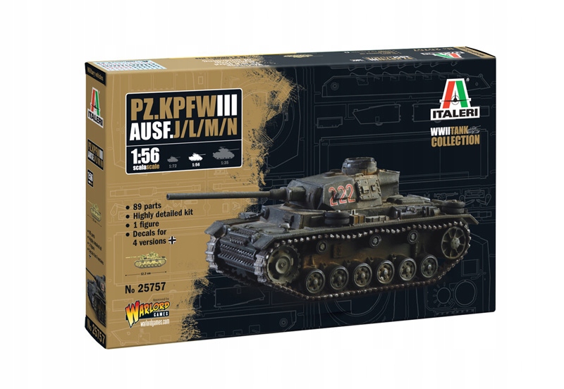 Italeri 25757 Czołg Pz.Kpfw. III Ausf. J/l/m/n 1:56 Model do sklejania
