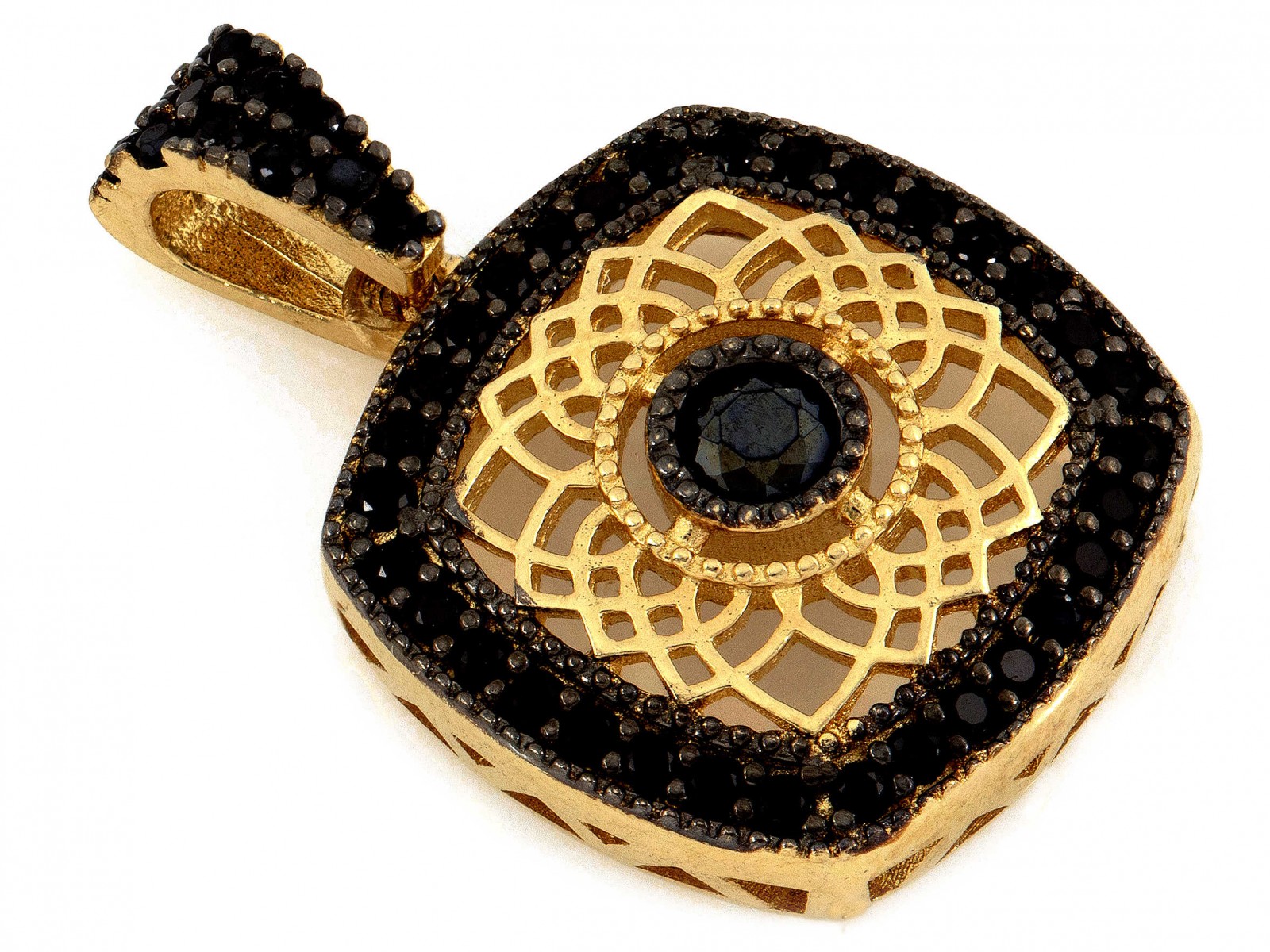 Zlatý přívěsek 585, čtvercový, ažurový, s černými zirkony