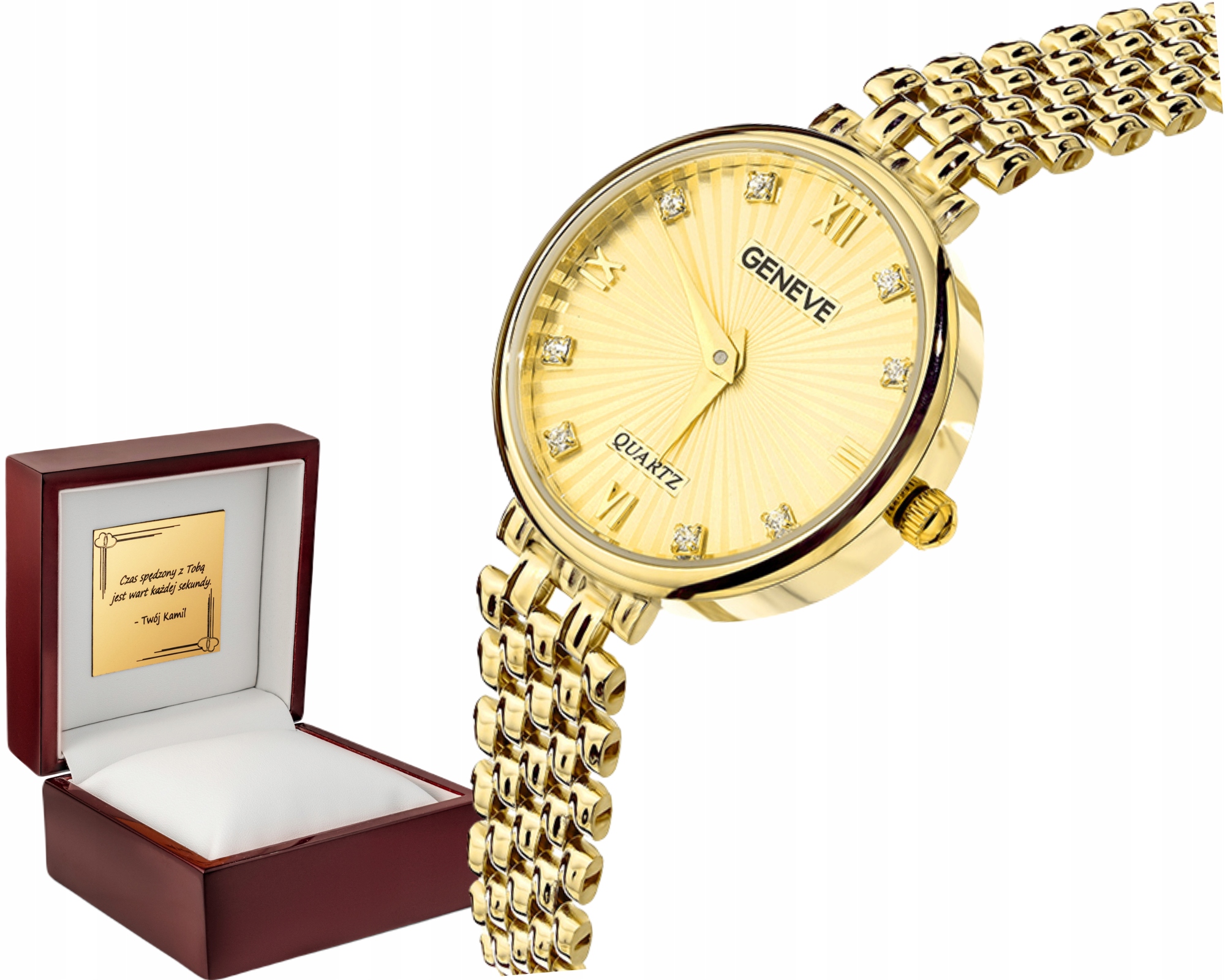 Zlaté hodinky s kulatým ciferníkem a zirkony na náramku Elegance