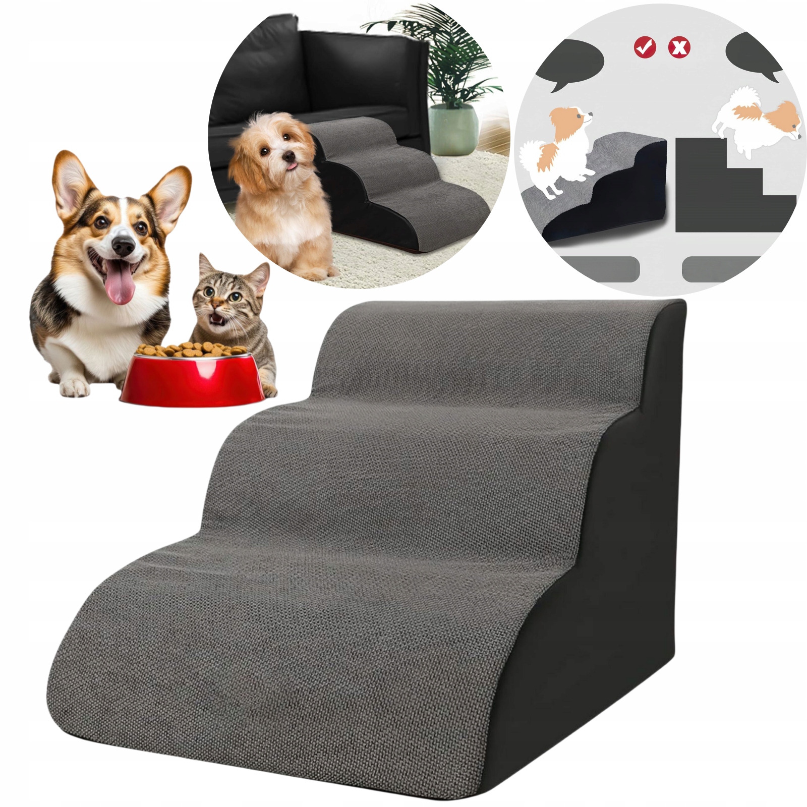 Levně Schody pro domácí mazlíčky, 3vrstvé, protiskluzové, plátěné, houbičky, šedé, zakřivené, ochrana kloubů