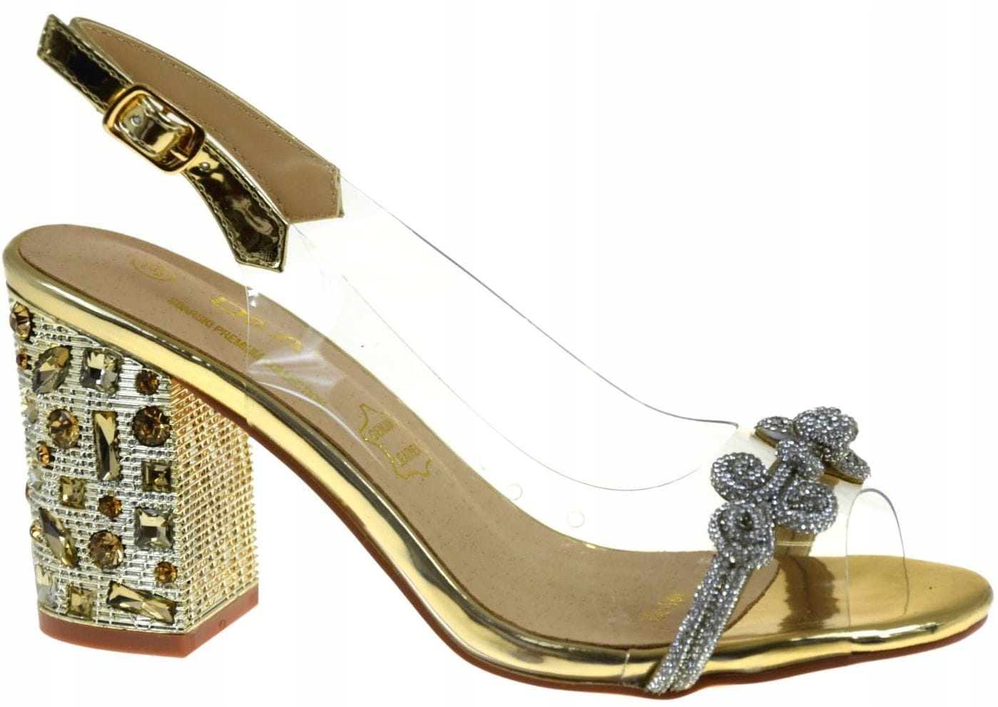 Zlaté sandály na podpatku se zirkony, elegantní na léto, Barski MR51-705 R37