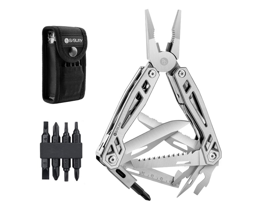 Bibury Multitool 21v1 Kleště Nůž Pila Šroubovák 4 bity Pouzdro Ocel Černá