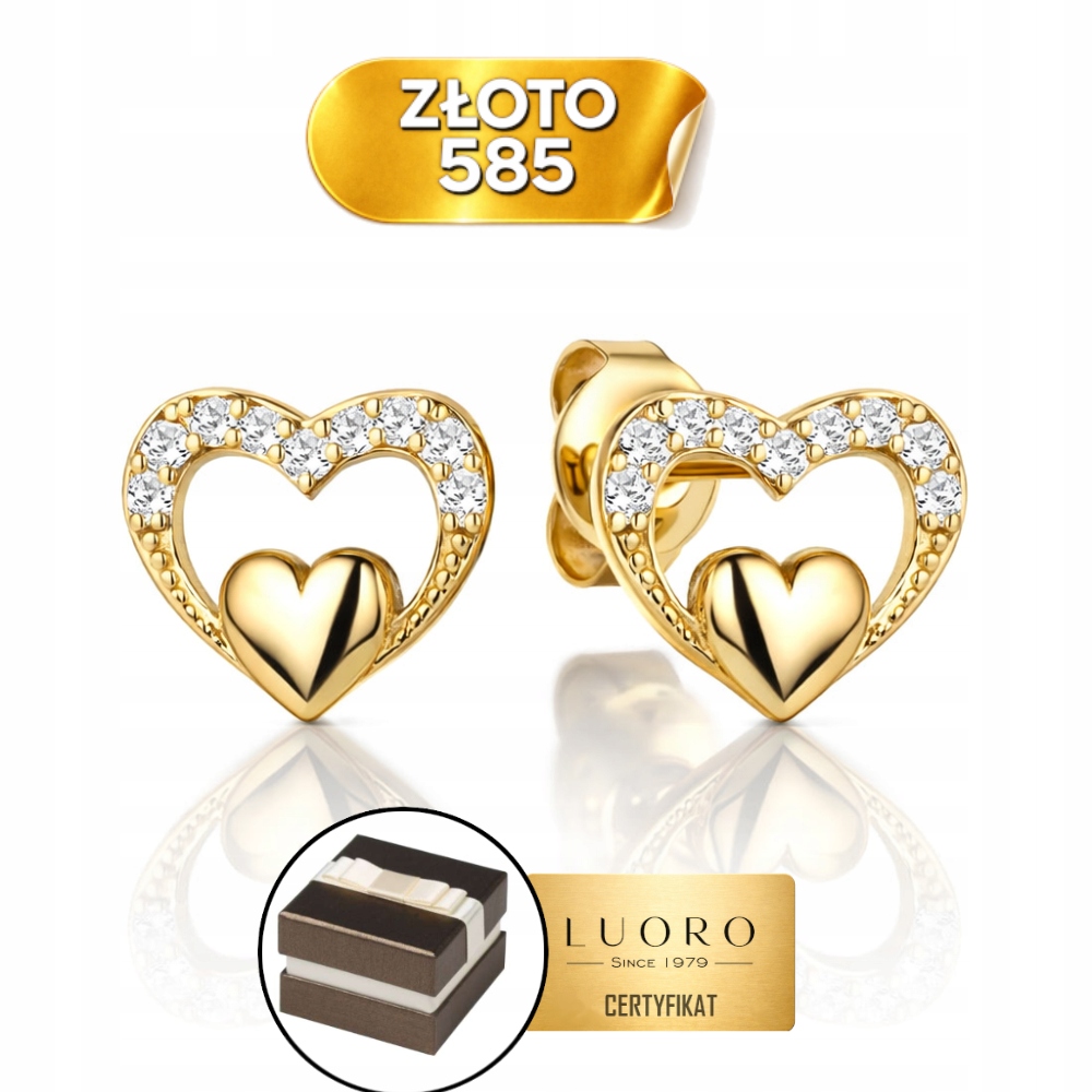 Zlaté Náušnice 585 14K Hladké Srdíčko V Srdci Ze Zirkonu Krabička Dárek