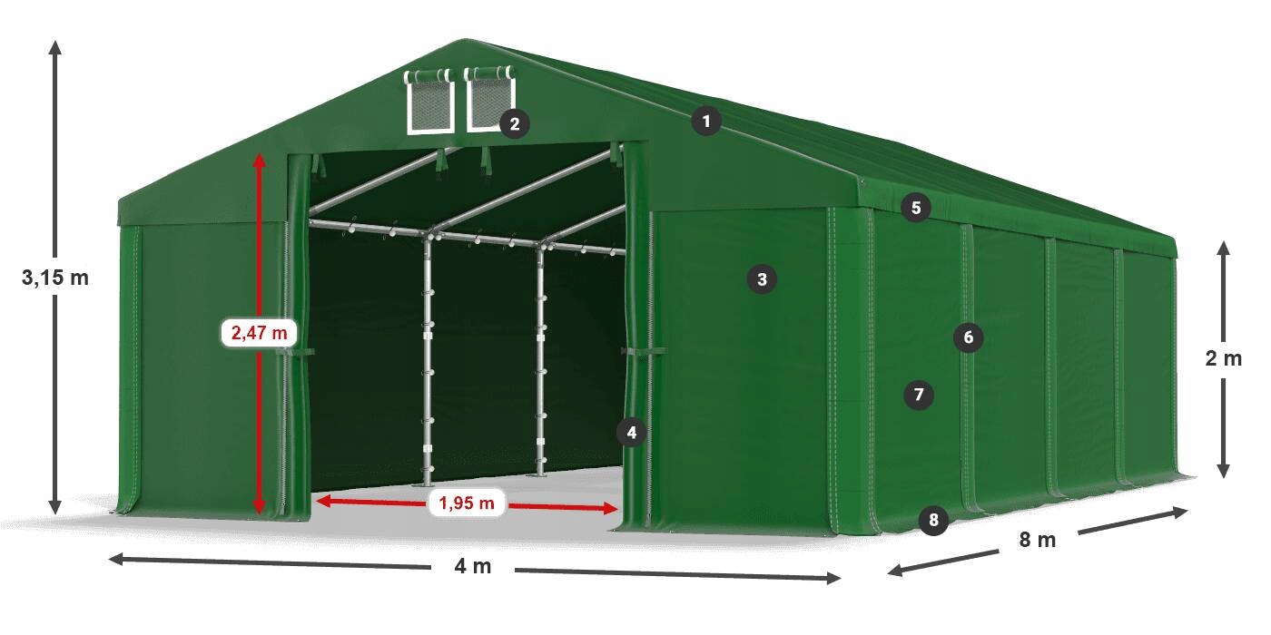 Namiot Magazynowy 4x8m Solidny DAS 560 S Długość 8 m