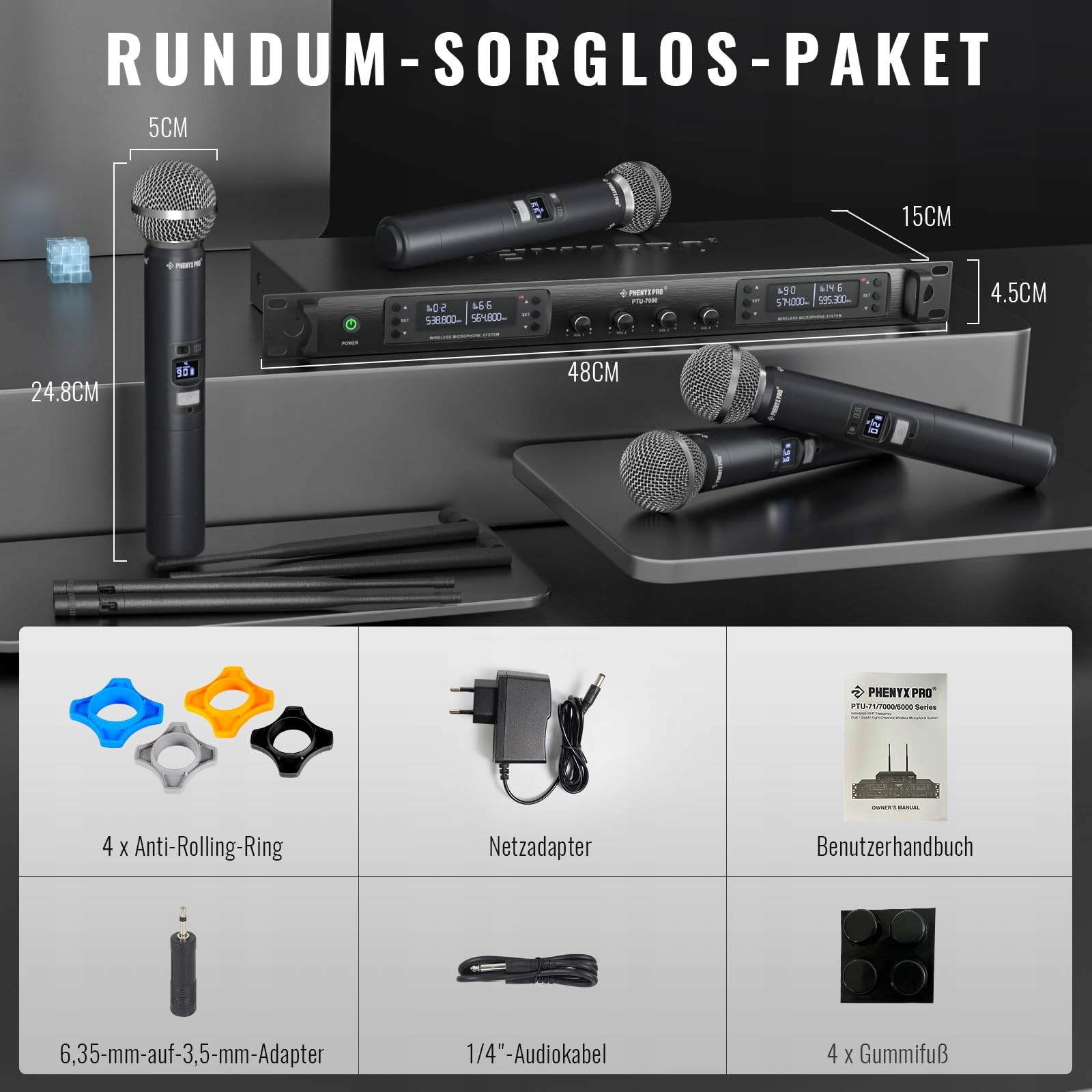 PHENYX PRO Bezprzewodowy System Mikrofonów 4 Kanały 4 Mikrofony Ręczne — miniatura 6