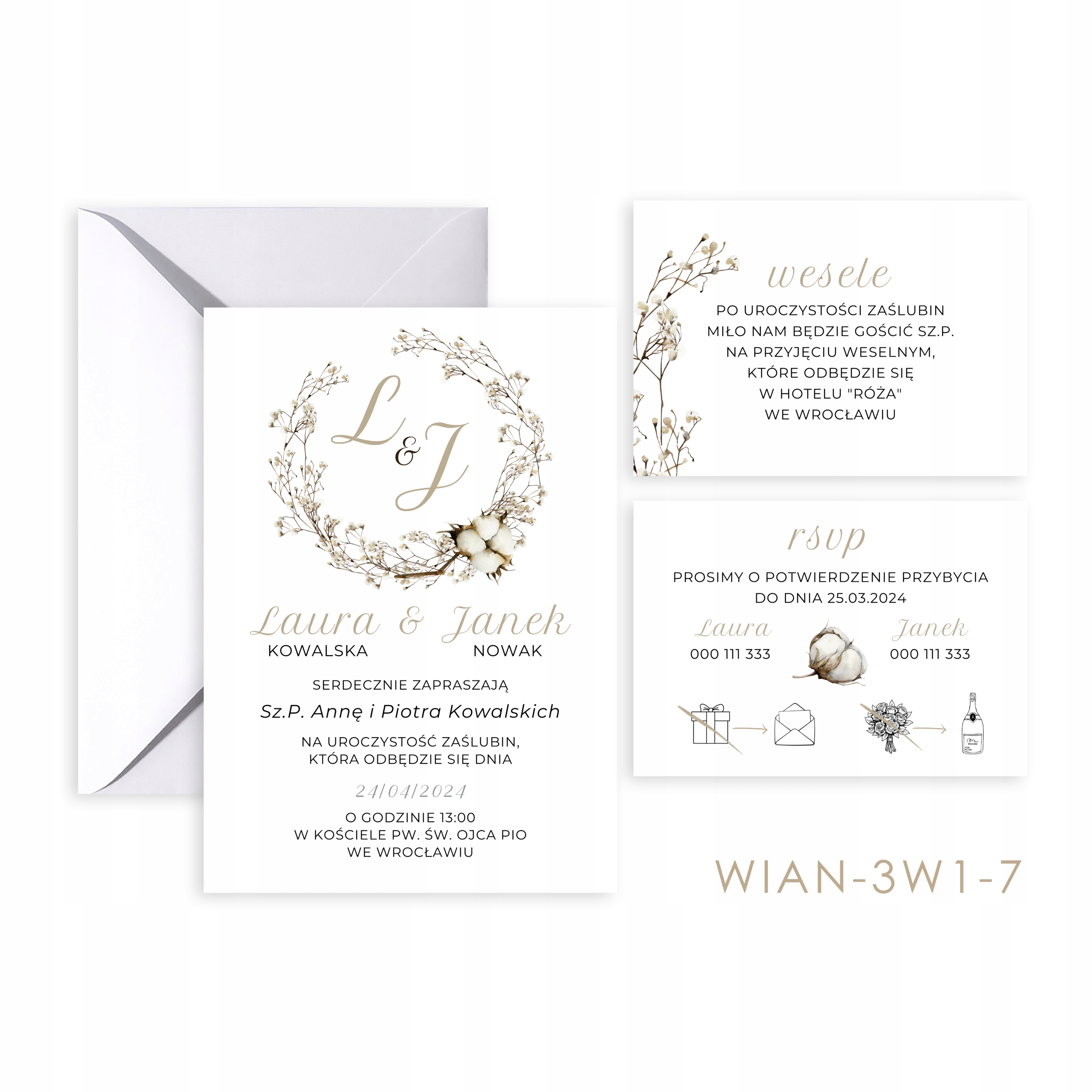 Zaproszenia Ślubne 3 w 1 WIANKI + koperta + gratis, WZORY Kształt prostokątny