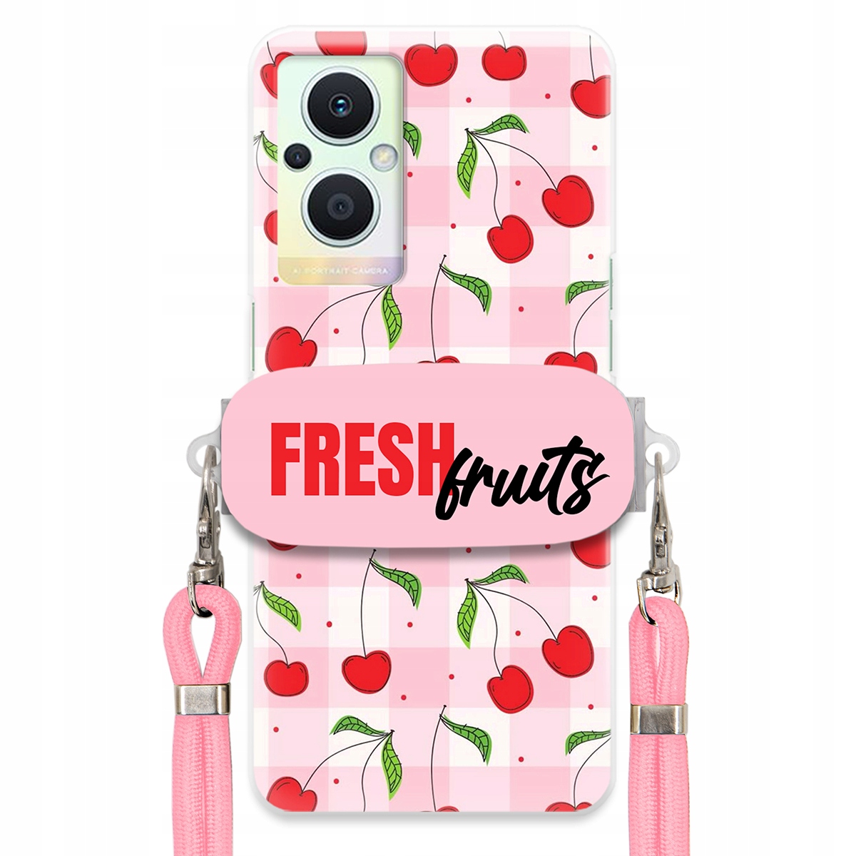 Puzdro pre Oppo Reno 8 Lite Case Držiak šnúrok Ružový Fresh Fruits Mriežka