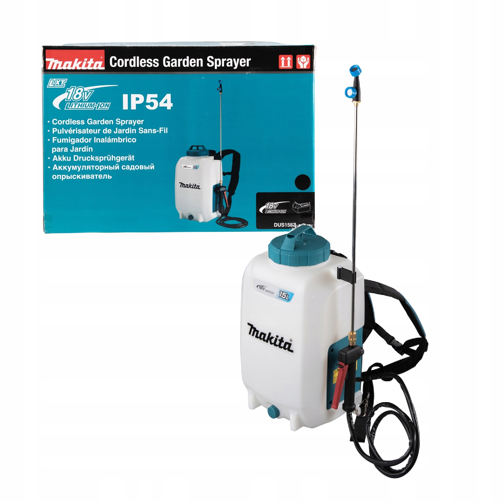 batohový postrekovač batérie 18V Makita DUS158z 15l Akumulátorový s tyčou