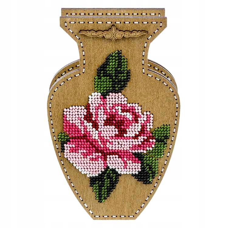 Korálková výšivka Vyšívací sada na překližce Váza s růží