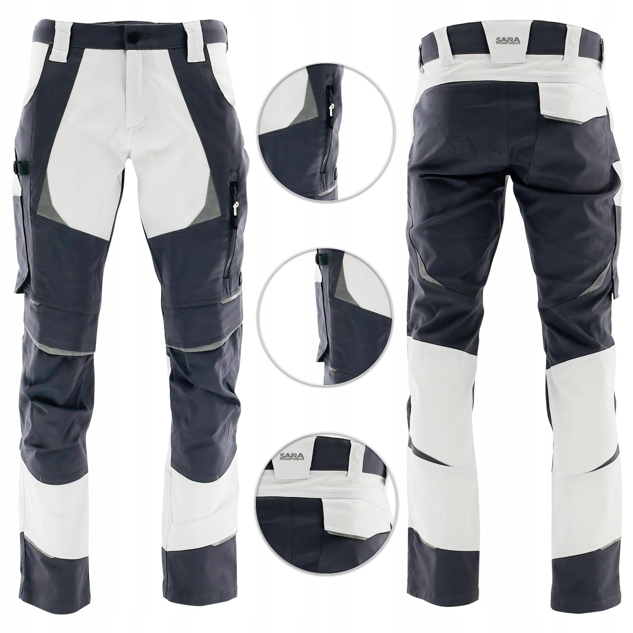 Spodnie robocze do pasa Sara Cottonflex bawełna elastyczne biało-szare 52