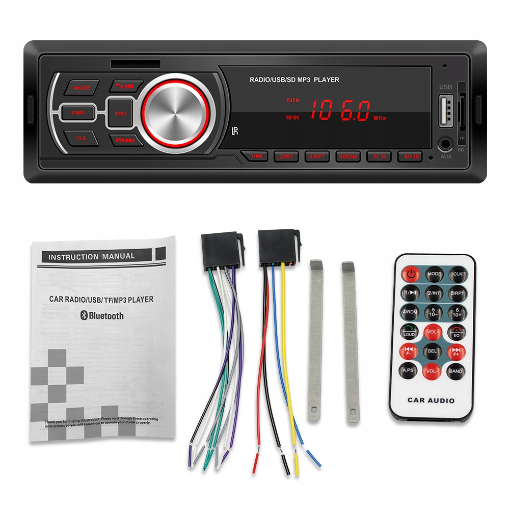 RADIO SAMOCHODOWE BLUETOOTH 1 DIN MP3 USB SD MIROFON AUX PILOT 4x25W