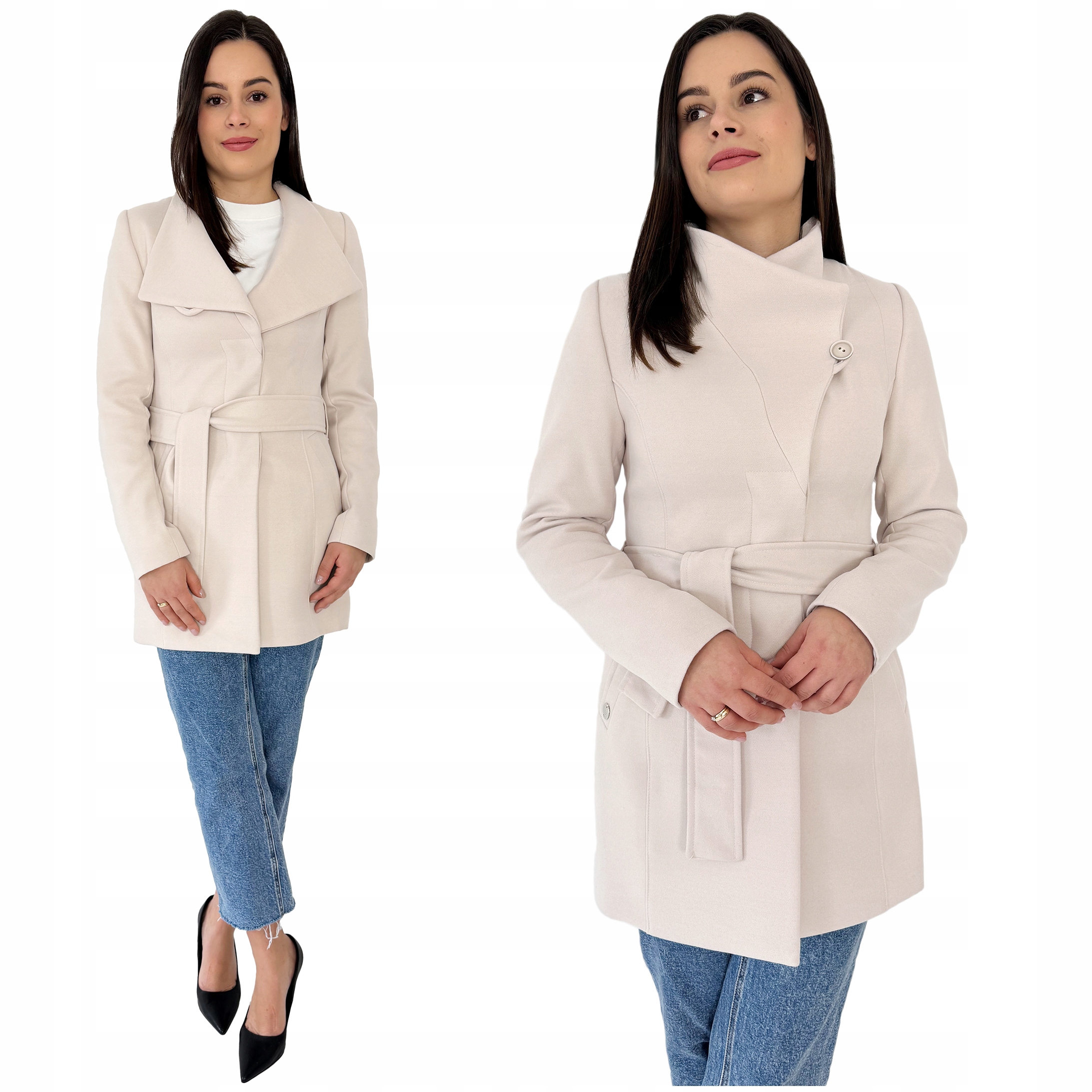 Dámský jarní kabát s efektním límcem a páskem Smetanový 40