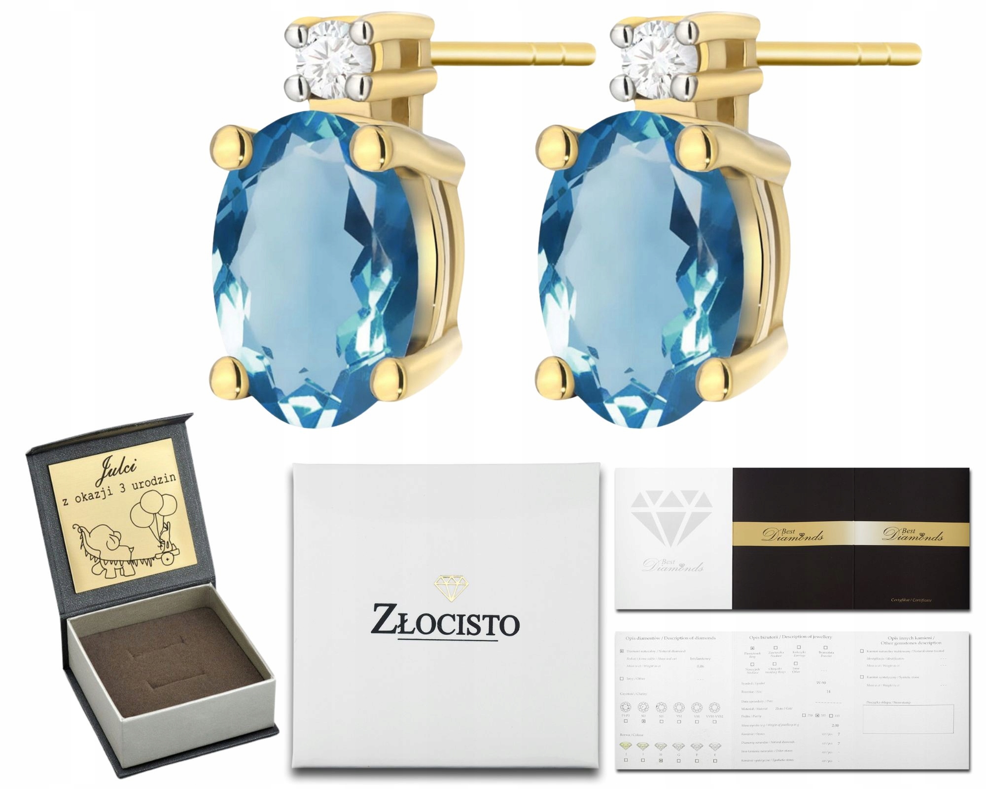 Zlaté Náušnice Topaz London Blue Brilianty Puzetky Zlato 585 14K