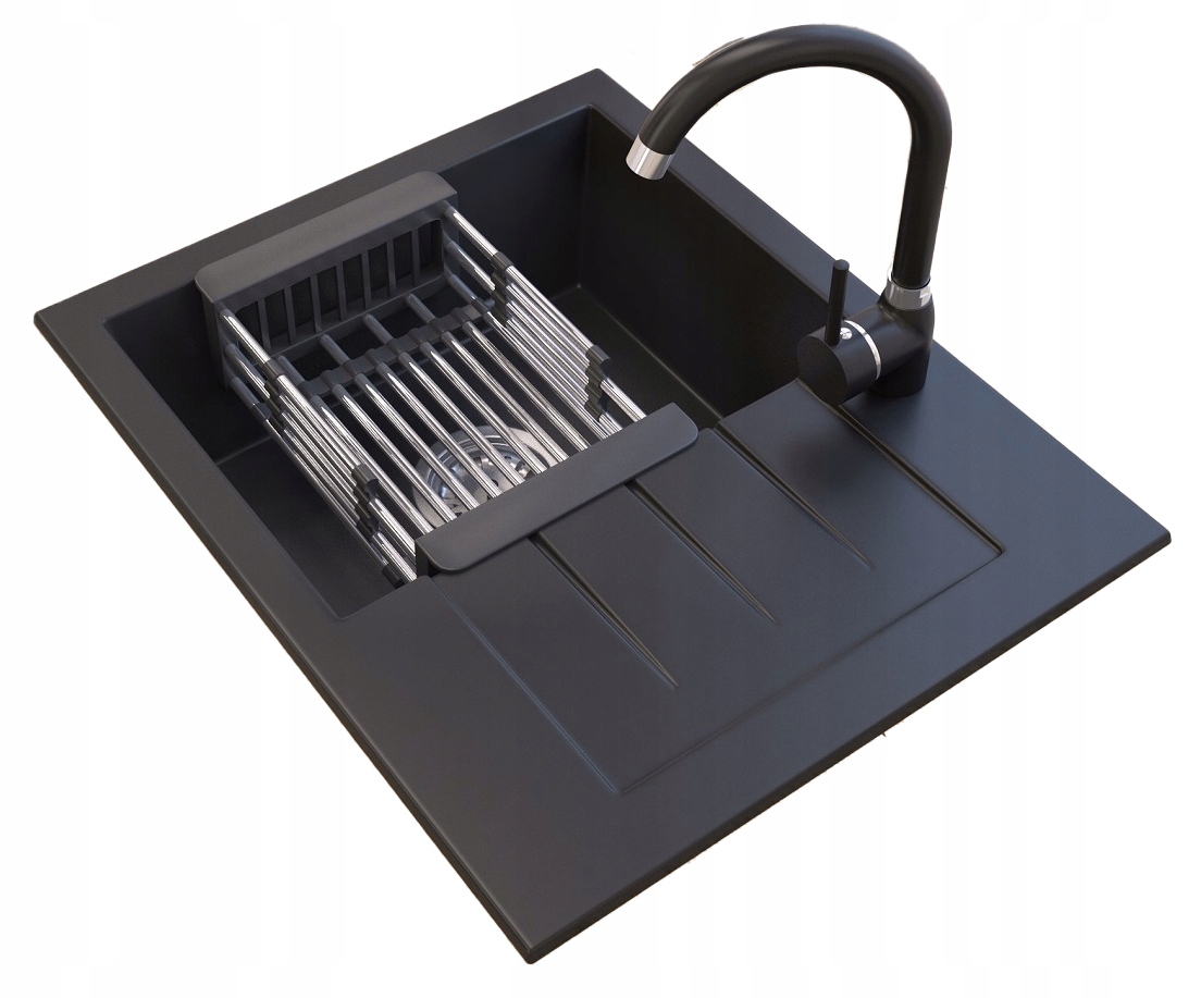 Dřez Jednokomorový granit černý Milano baterie Dřez kuchyně odkapávač