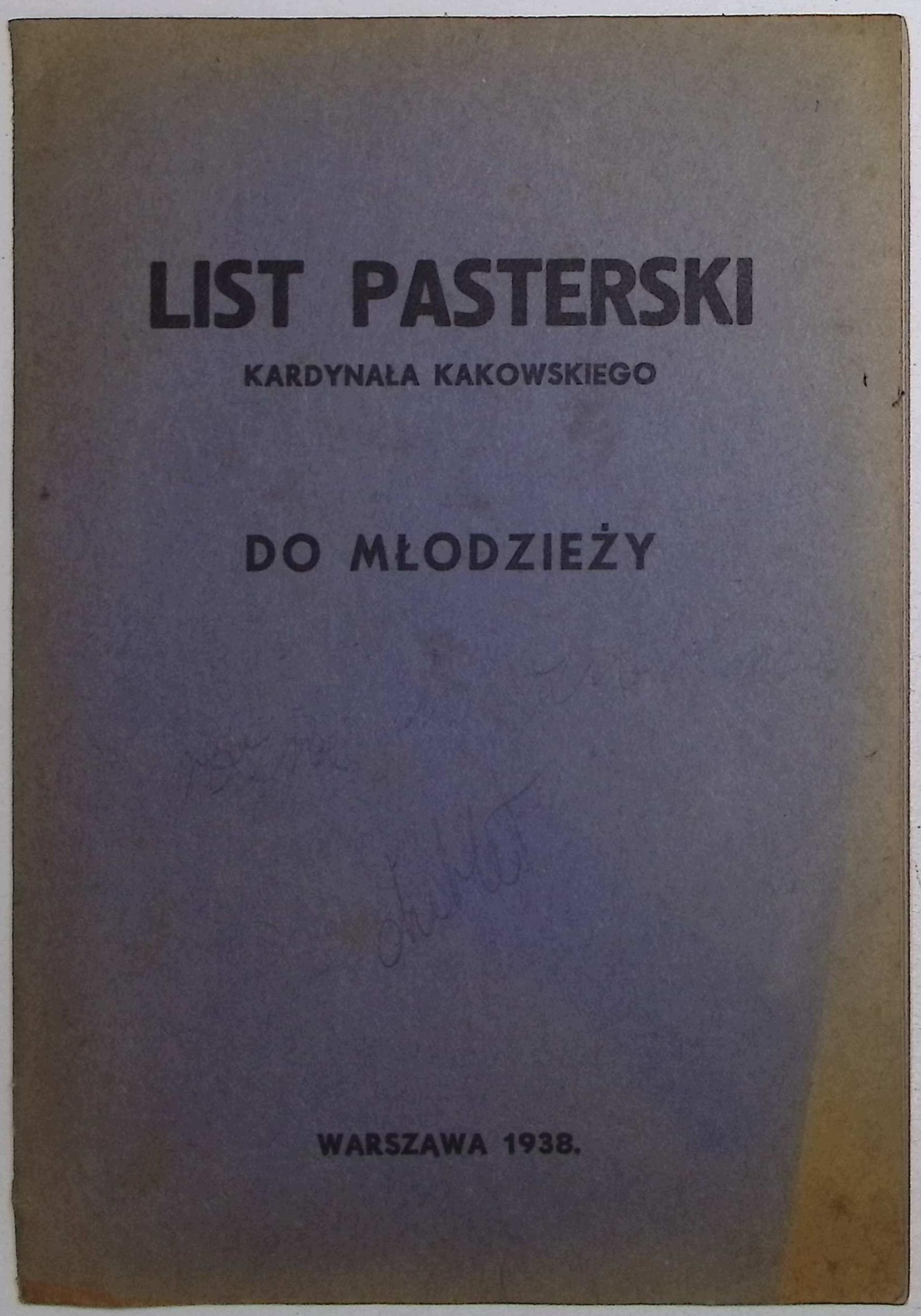 List pasterski kardynała Kakowskiego do młodzieży (1938 r.)