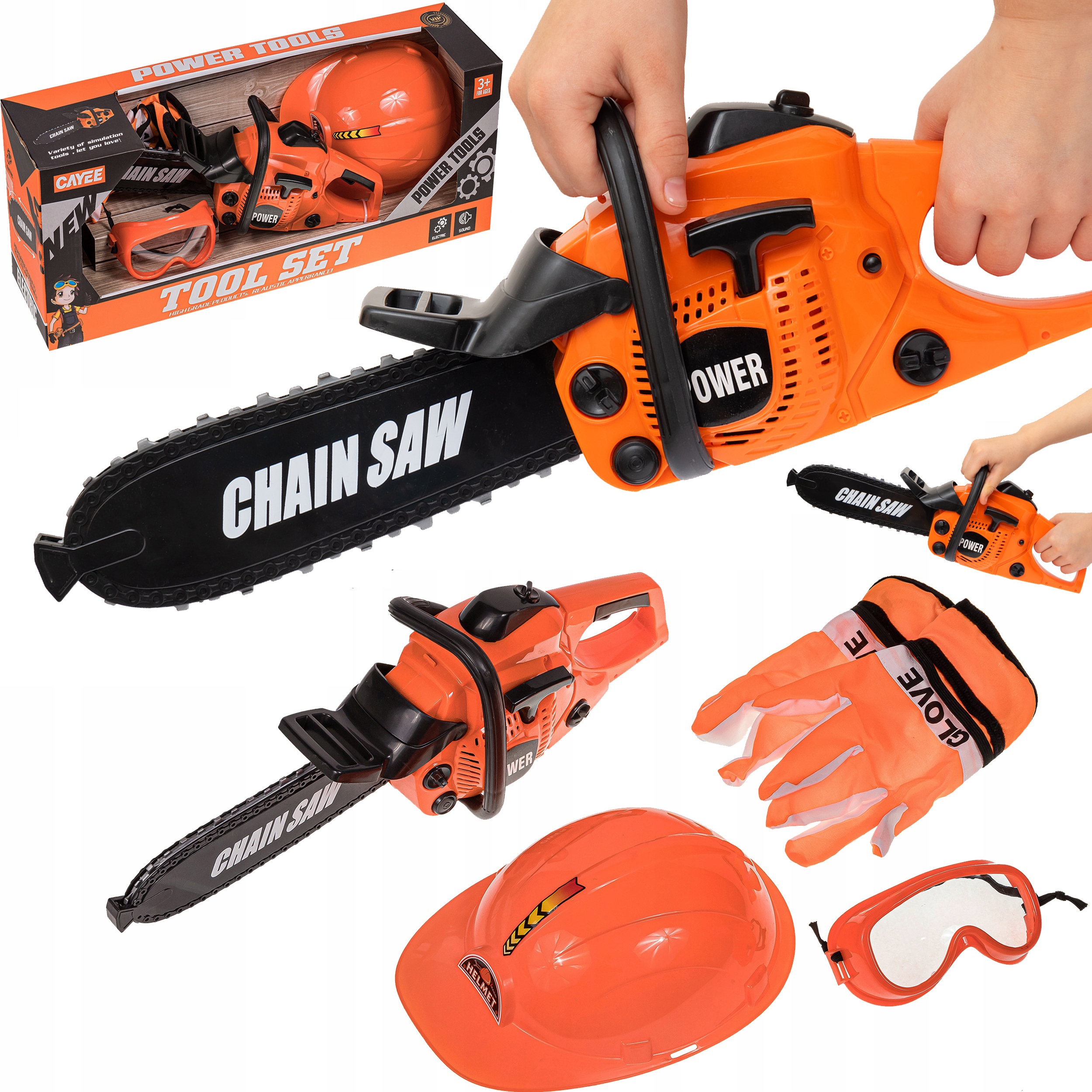 PIŁA ŁAŃCUCHOWA DLA DZIECI Z KASKIEM RĘKAWICAMI OKULARAMI ZESTAW DRWALA