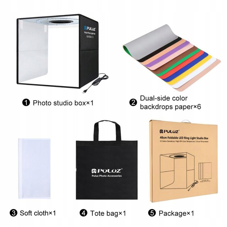 Puluz Světelný stan přenosný 40 cm, kruhové světlo Led, odnímatelné pozadí