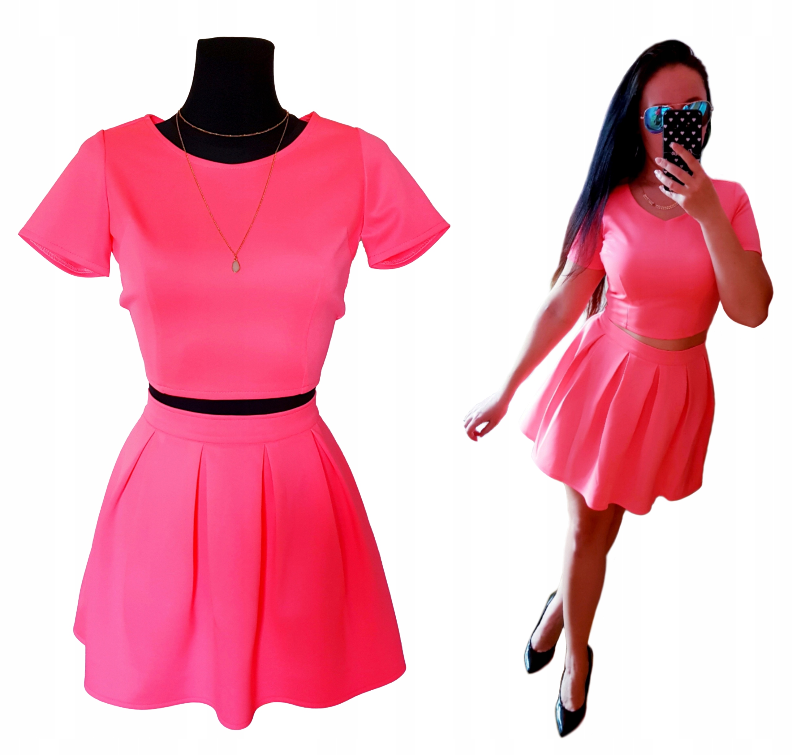 KOMPLET ZESTAW BLUZKA TOP + SPÓDNICZKA NEONowy RÓŻ w ZAKŁADKI M Rozmiar M