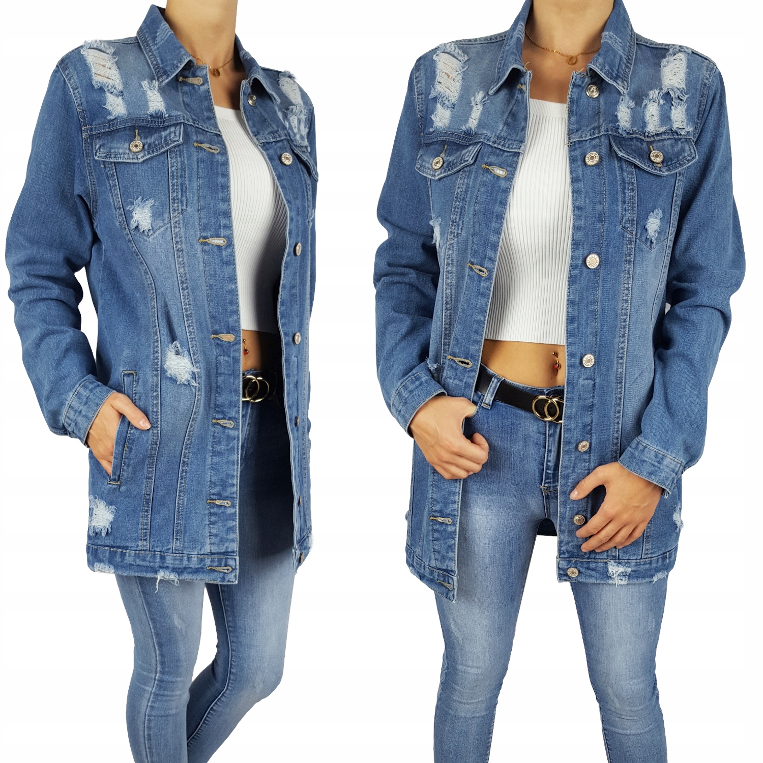 Džínová Bunda Katana Dlouhá Jeans Dámské díry