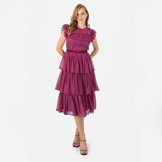 Anaya Koktejlová Šaty MIDI S Tylem V Růžové Barvě 44 6EA