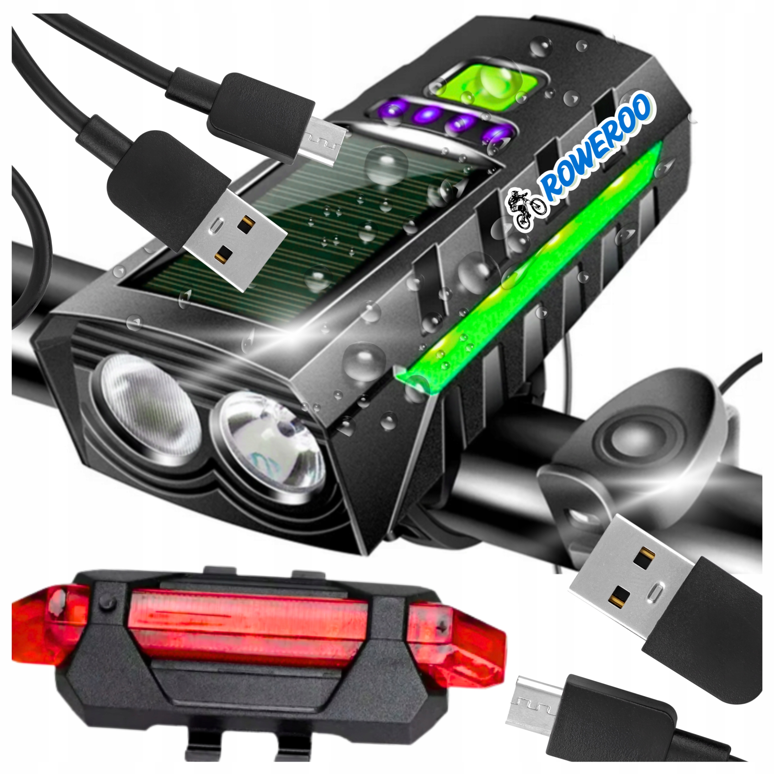 Lampka Rowerowa Led Solarna Latarka Na Rower Przód Tył Klakson Powerbank