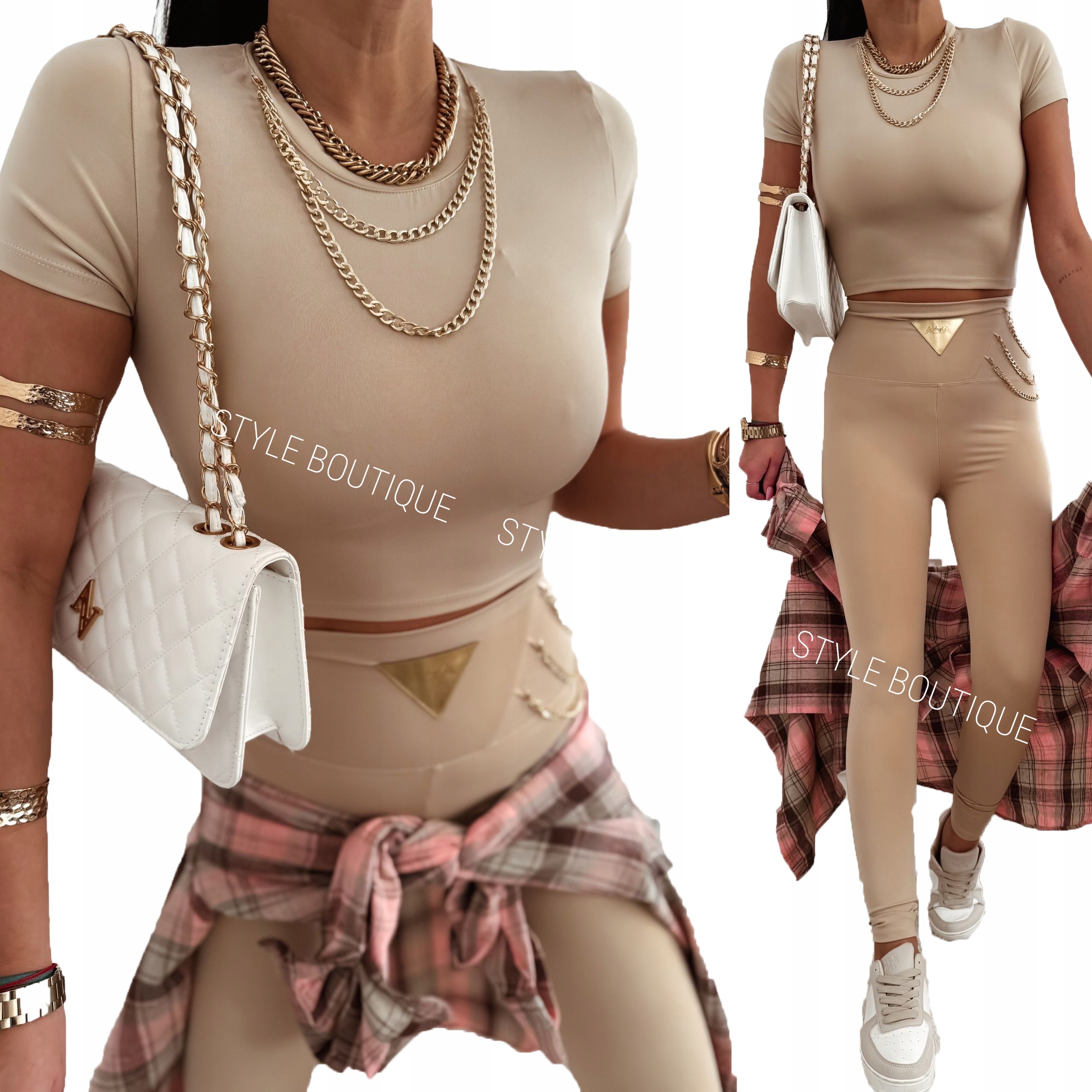 Komplet halenka s krátkým rukávem legíny Tmavě Béžová s řetízky L