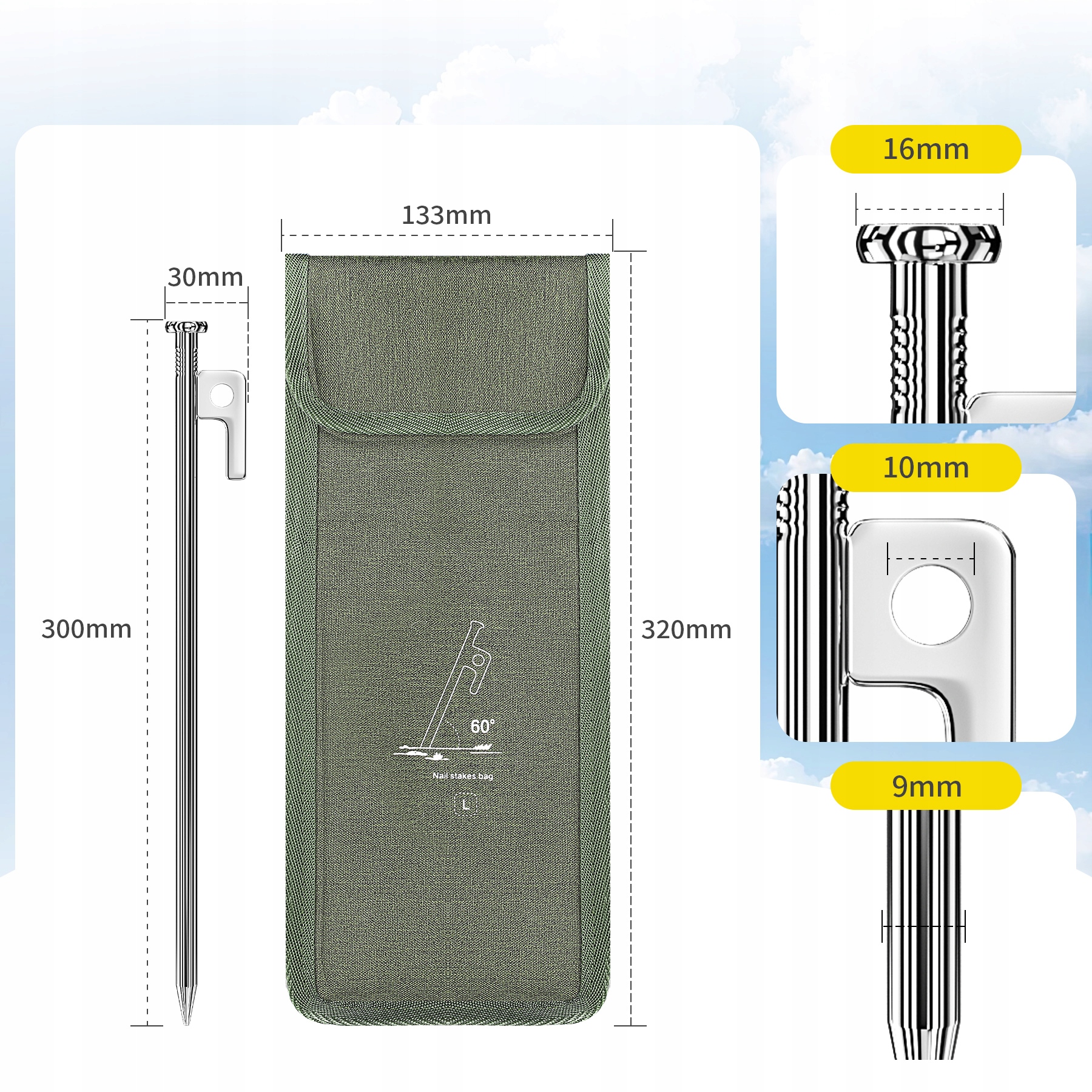 8 SZT Śledzie DO NAMIOTU kotwy szpilki mocujące wbijane do ziemi metal 30CM Średnica 9 mm