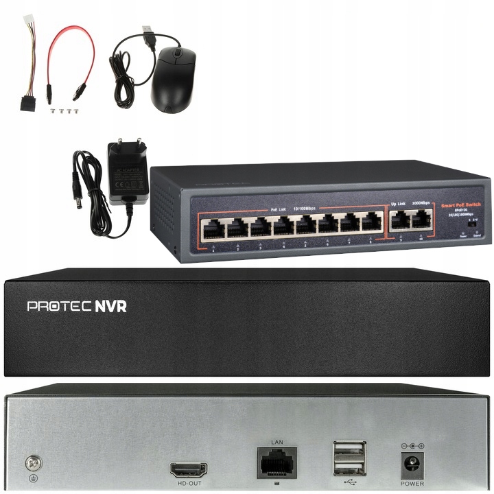 Rejestrator Nvr Ip 9 kanałów 8MPx Switch 8-portowy Monitoring 1xSATA