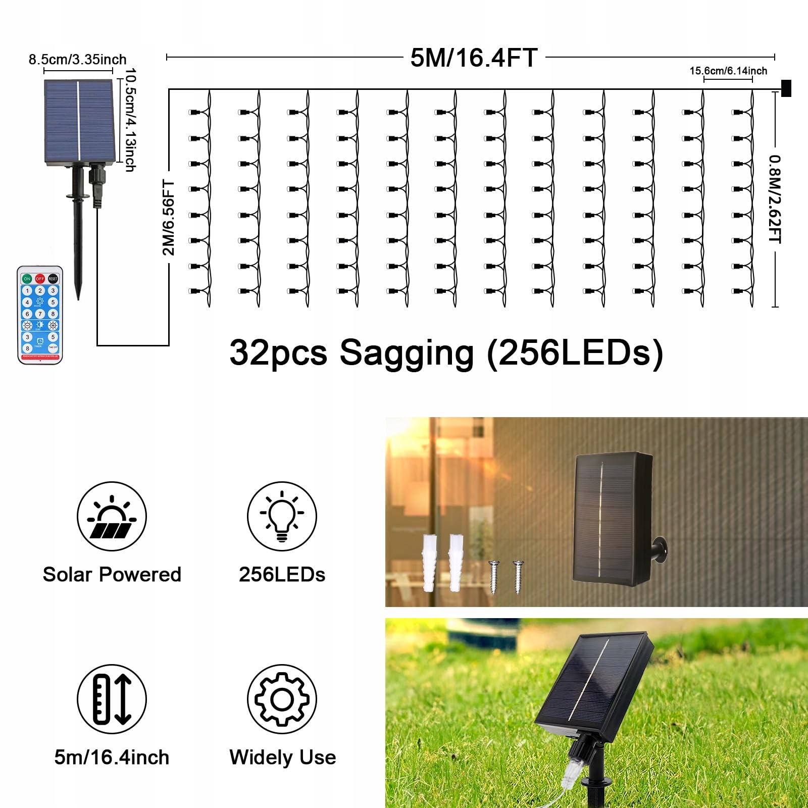 MXJFYY LAMPKI WODOODPORNE GIRLANDA KURTYNA SOLARNA ŚWIETLNA 7M 256LED — miniatura 3
