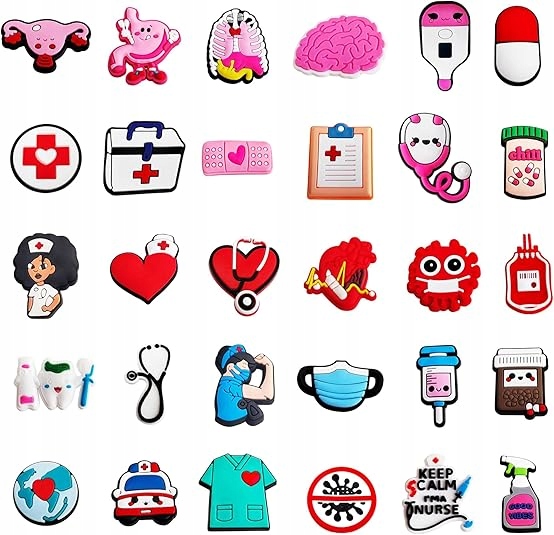 30 SZT. PRZYPINKI DO BUTÓW CROCS – OZDOBY MEDYCZNE, CHARMSY, PINY