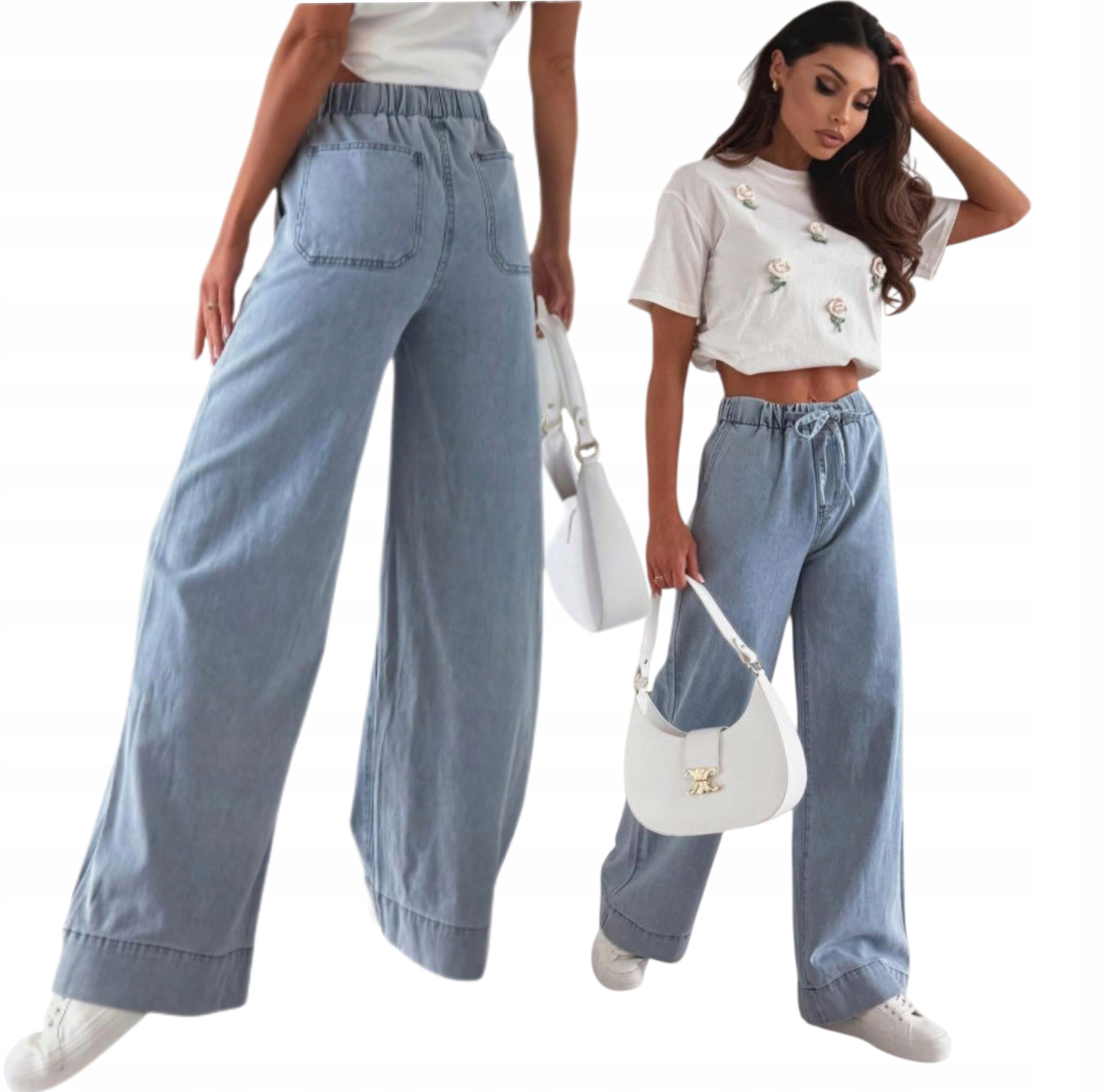 Spodnie Jeansowe Szerokie Nogawki Z Gumą W Pasie r. Xs /34 Niebieskie Luźne