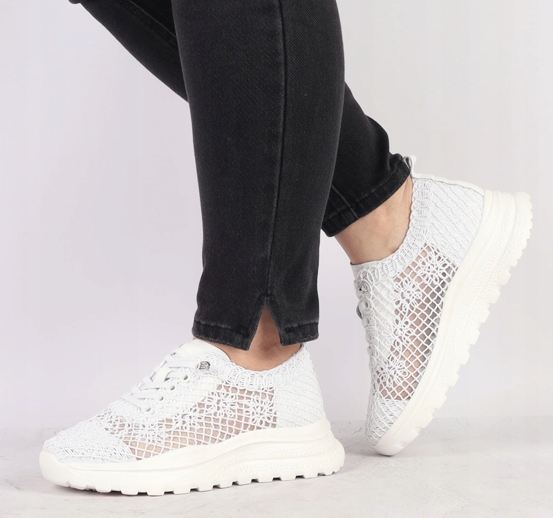 Białe skórzane adidasy damskie koronkowe oddychające sneakersy Vinceza