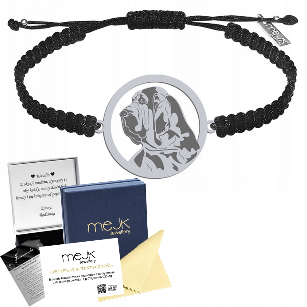 Stříbrný náramek s psem svatého Huberta 925 Makramé Dárek Gravírování