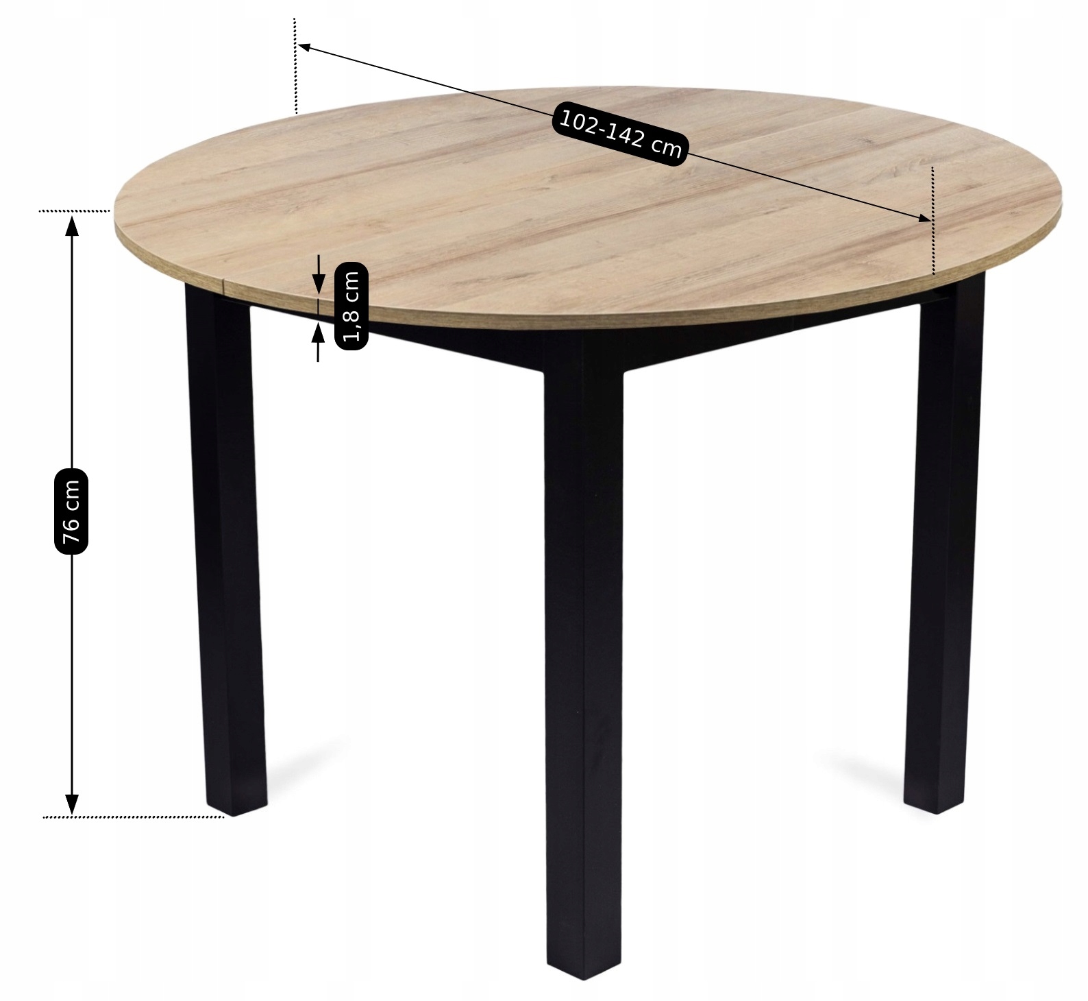 Zestaw Stół Okrągły Rozkładany i 4 Krzesła Welur Jadalni Salonu Loft Ibis Kolor korpusu stołu czarny