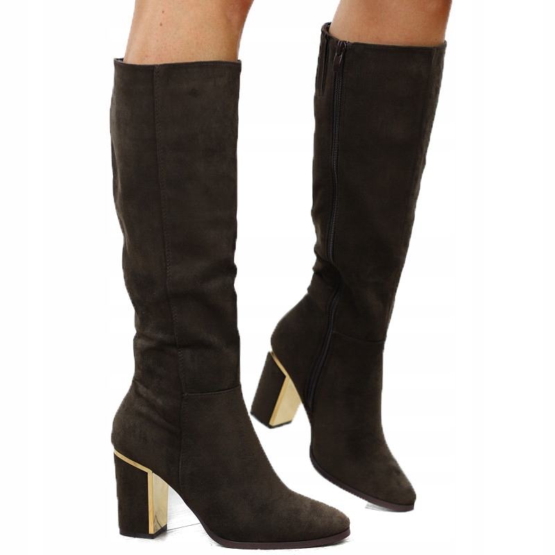 Brązowe kozaki damskie zamszowe słupek QT63P r.36