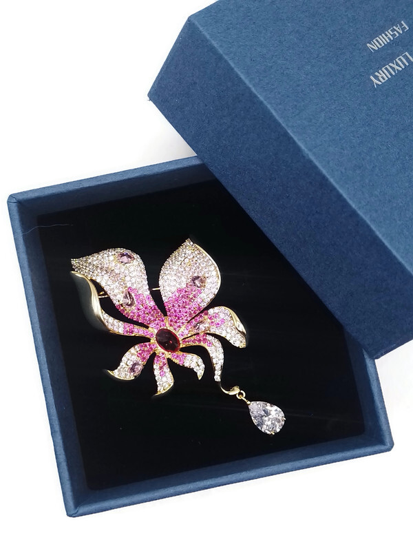 Luxusní Brož Květ Orchidej S Kapkou Zlata 14K Gp Krabička Jako Dárek