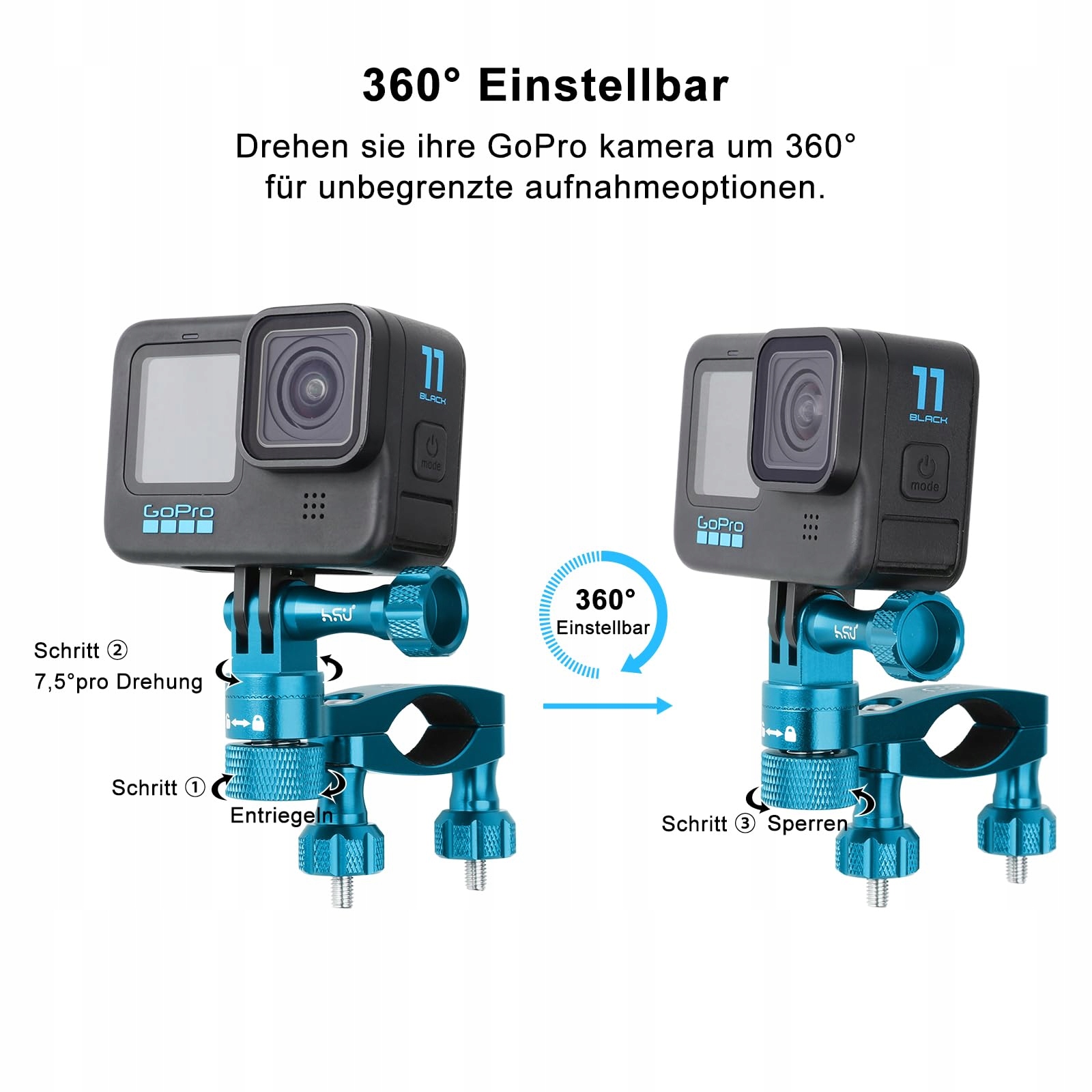 HSU Uchwyt Rowerowy 360° Do GoPro Hero 12-3 Niebieski — miniatura 4
