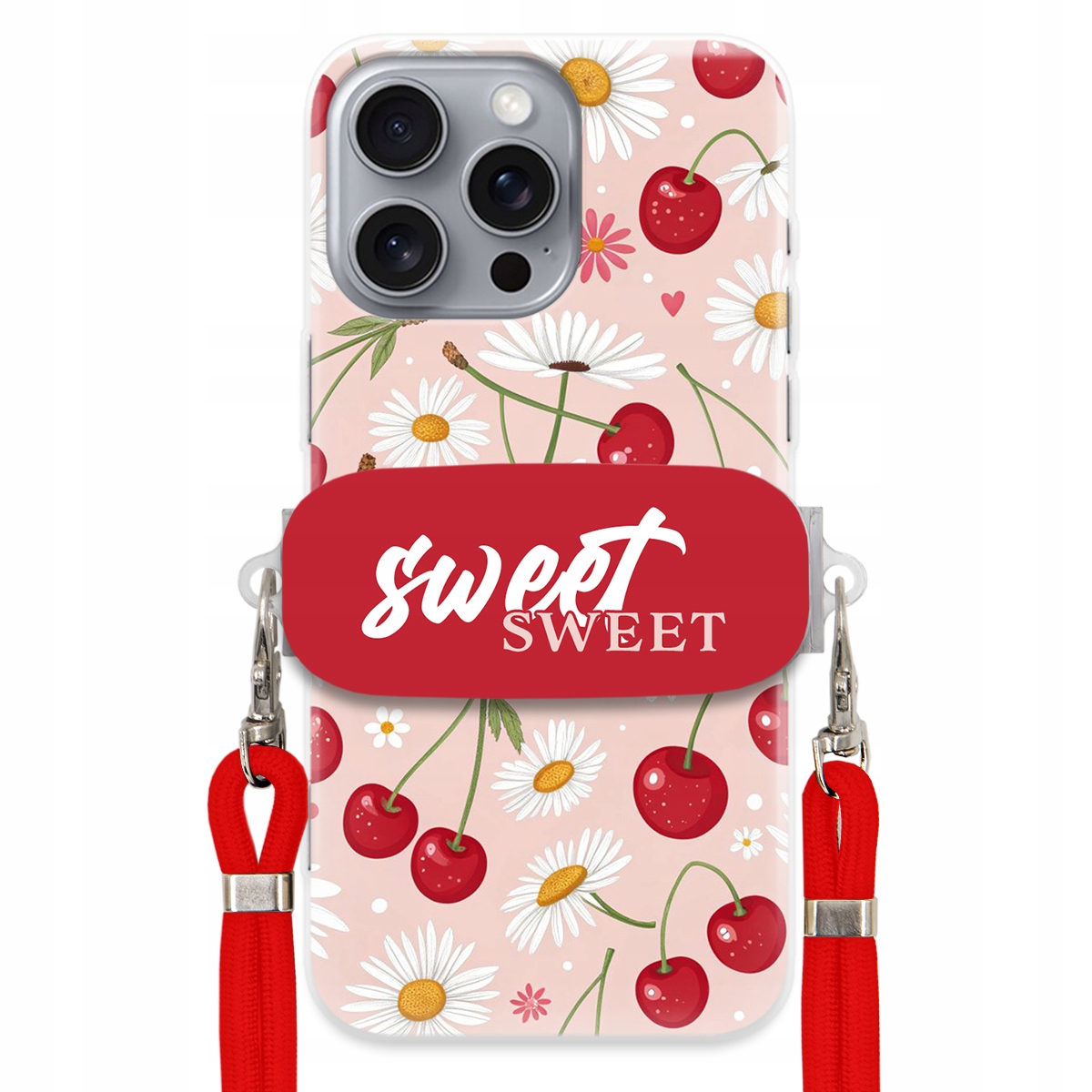 Pouzdro pro iPhone 16 Pro Max Červené vodítko držák Sweet Sweet Višňový Květ