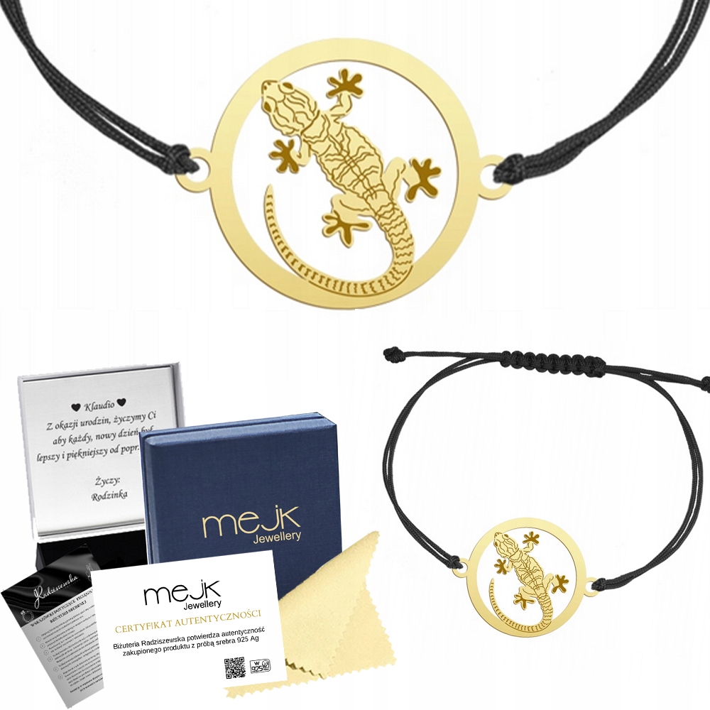 Zlatý náramek s gekonem 925 Šňůrka Dárek Šperky Gravírování Bonus