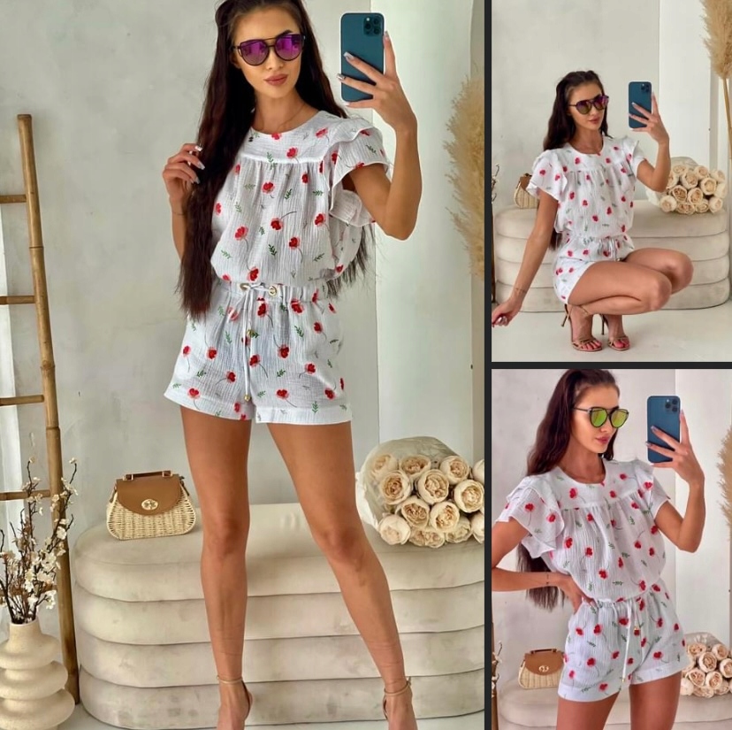 Bílý mušelínový komplet Šortky+Bluzka 0505W-0985 velikost L