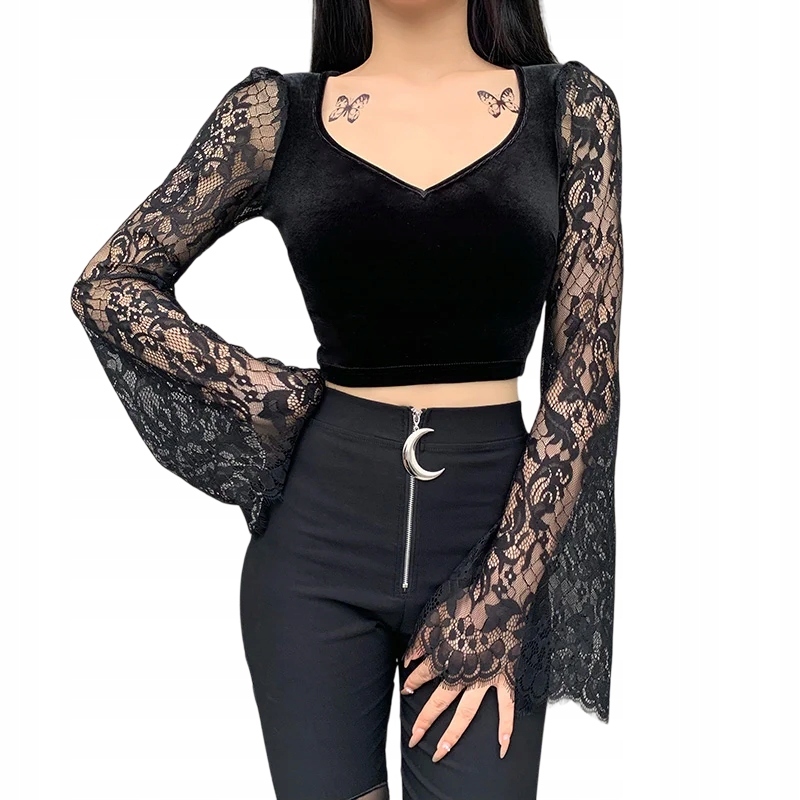 Dámská gotická krátká halenka s krajkovými rukávy M