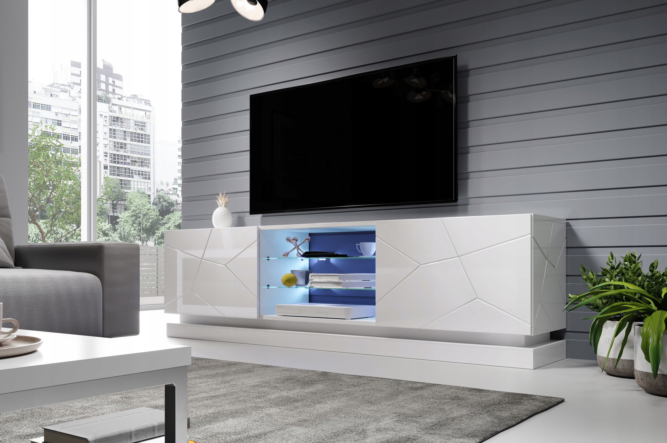 Szafka stolik RTV QIU 200 cm biała połysk + oświetlenie LED