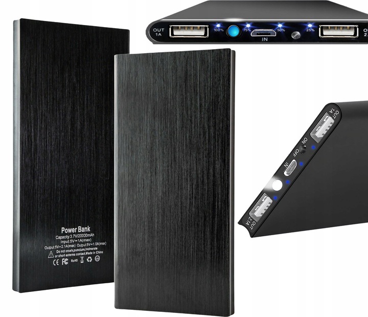 Powerbank slim z podwójnym wyjściem Usb oraz wejściem Micro-USB