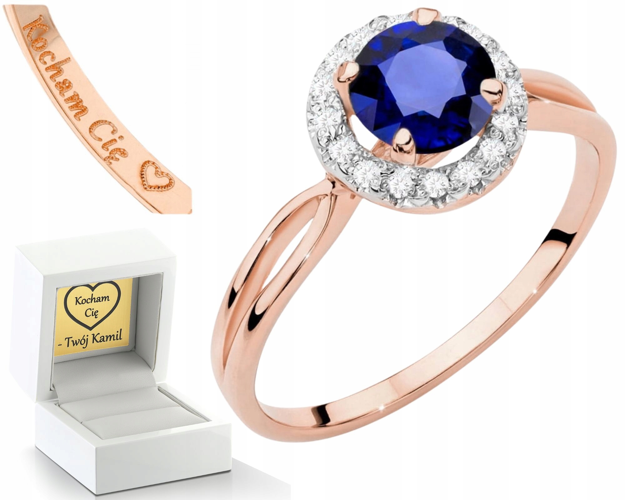 Růžový Zlatý Prstýnek Se Safírem A Diamanty Ryzost 585 14K Jako Dárek