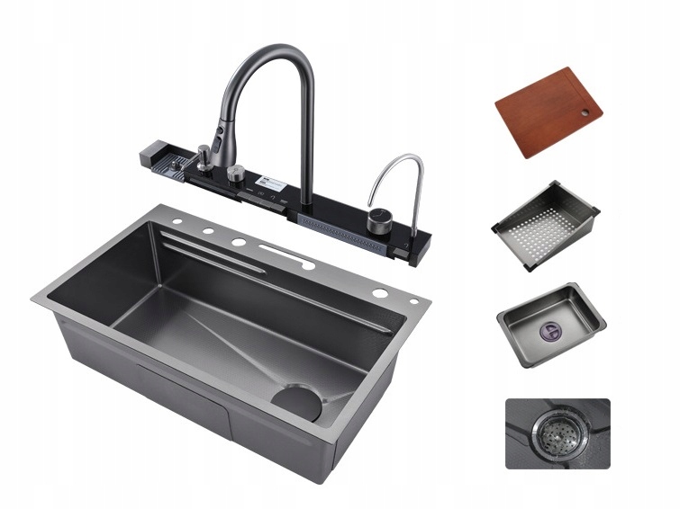 Černý Jednokomorový multifunkční dřez s kuchyňskou baterií TikTok