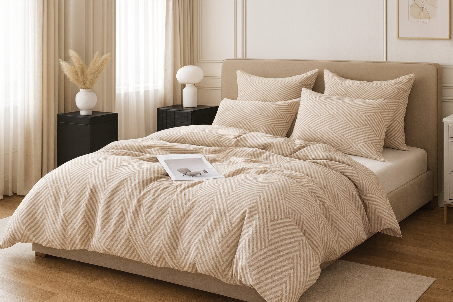 3dílná sada povlečení na peřinu s polštáři z bavlny s béžovými pruhy 220×200 cm