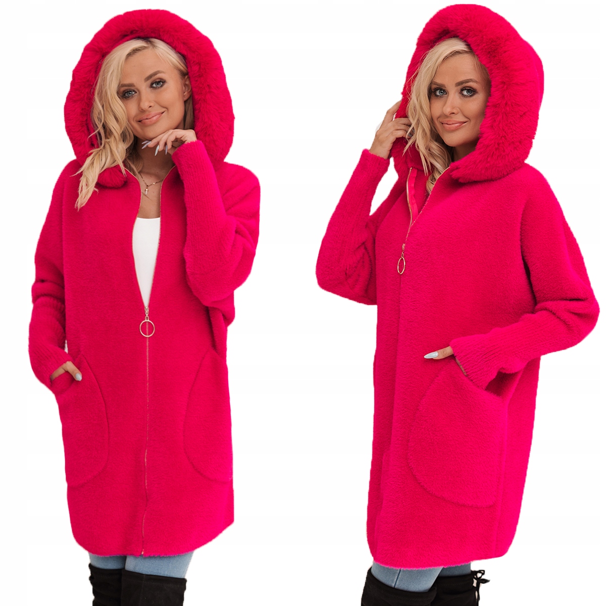 S Kožešinovým Kabátem Z Alpaky Na Zip, Teplá Fuchsiová Vlna